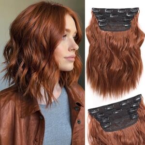 Clip-In Hair Extensions • Auburn Red • 10" Short Wavy • 4PCS Set